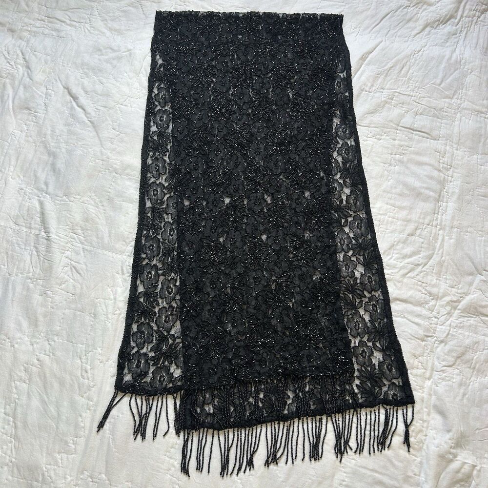 Vintage Black Floral Beaded Scarf / Shawl Sheer Lace Formalwear Glam Evening